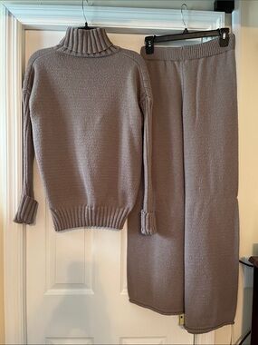 SHEIN Taupe Ribbed Cowl Neck Sweater & Knit Pants Set